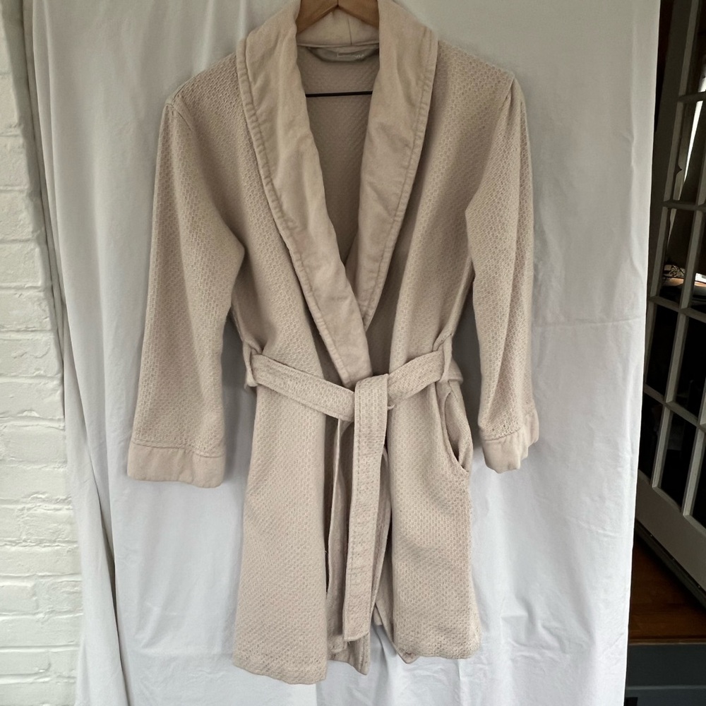 Ladinne Cream Textured Spa Robe with Belt, S/M, Turkish bamboo/cotton